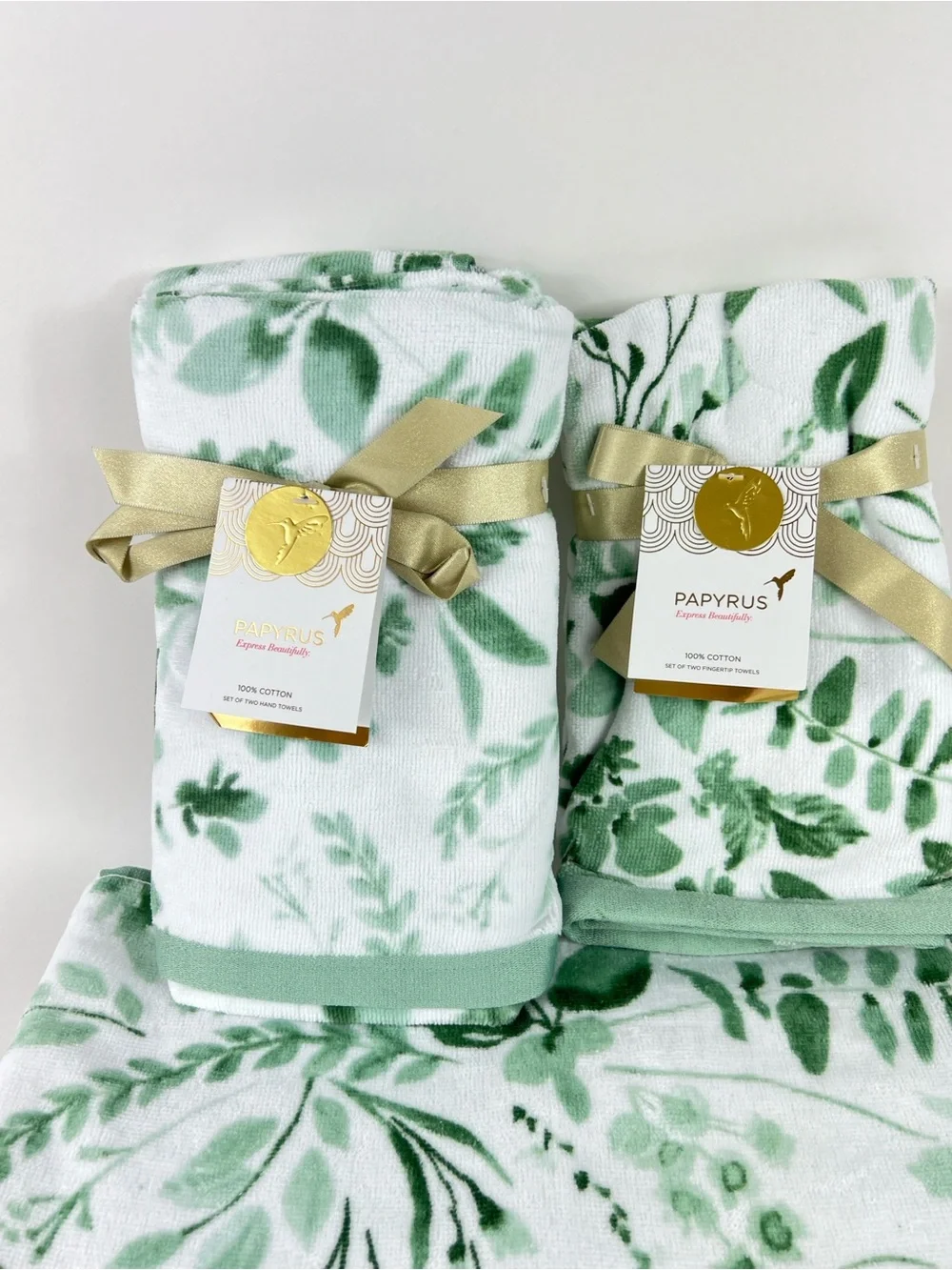 Papyrus Bath Towel Set Green White Floral Botanical Soft Cotton Velour 6 Pc NEW